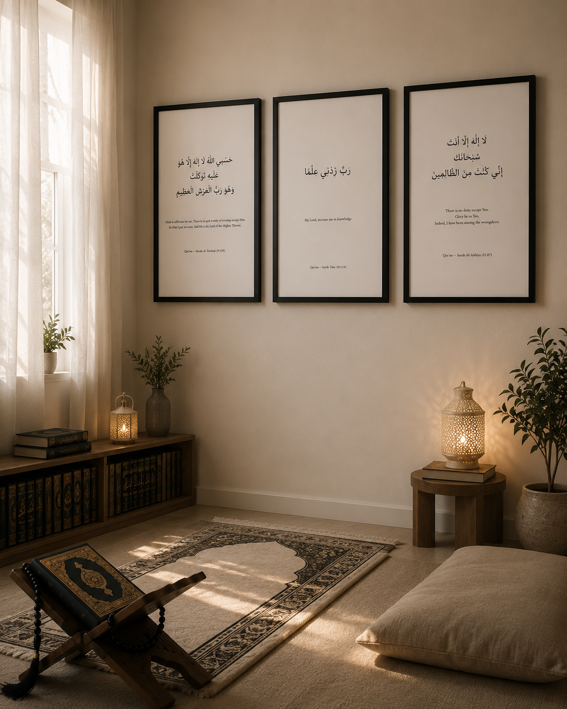 Islamic Wall Art Set of 3 – Hasbiyallahu, Rabbi Zidni Ilma & Dua of Yunus | A2 Framed Qur’an Prints